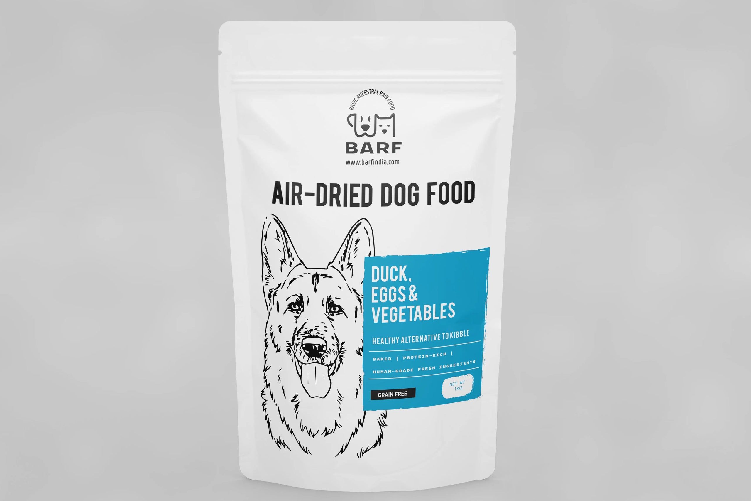 A white bag of www.barfindia.com Air Dried Dog Food - Duck Recipe features a dog’s head illustration. This single-protein, grain-free recipe with eggs and veggies suits all breeds, including dogs with sensitive diets.