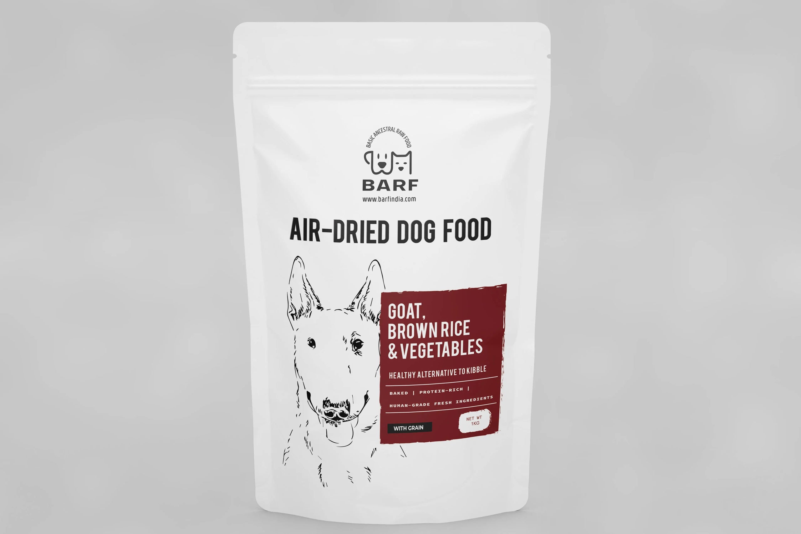 A white resealable bag of www.barfindia.com Air Dried Dog Food - Goat, Br. Rice & Veggies features a black dog line drawing and red label—a healthy goat dog food alternative to kibble.