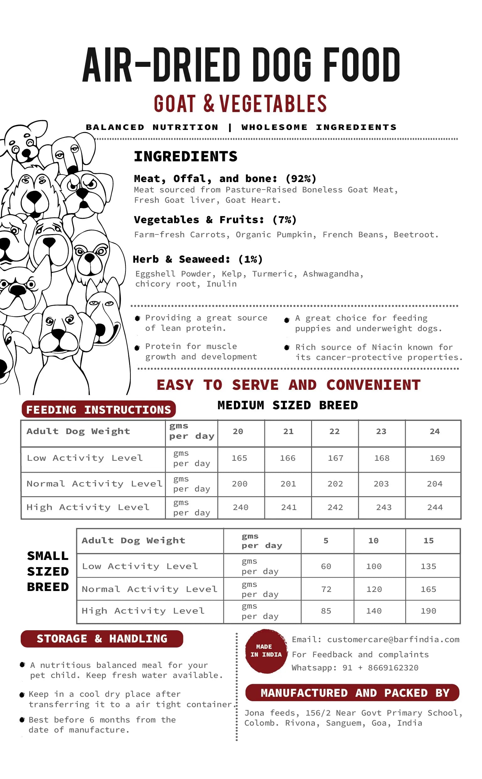 Www.barfindia.com's Air-Dried Dog Food - Goat and Vegetables features high-protein, pasture-raised goat and veggies, feeding guide by weight, storage tips, manufacturer info, plus icons and a chart for different breeds and activity levels.