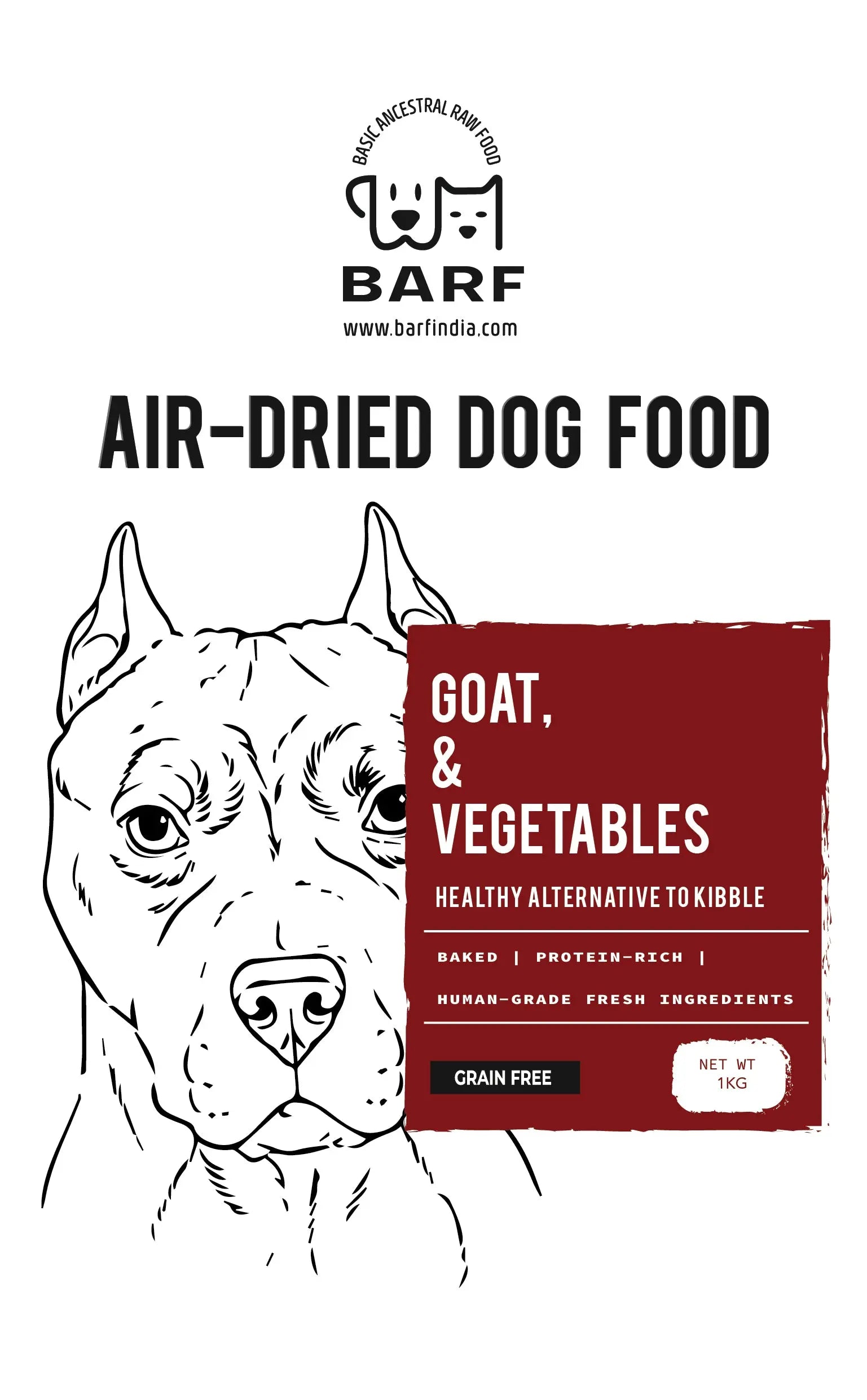 The www.barfindia.com Air-Dried Dog Food - Goat and Vegetables is a grain-free, high-protein blend of pasture-raised goat and veggies in a 1kg pack, featuring a label with a black-and-white dog face illustration.