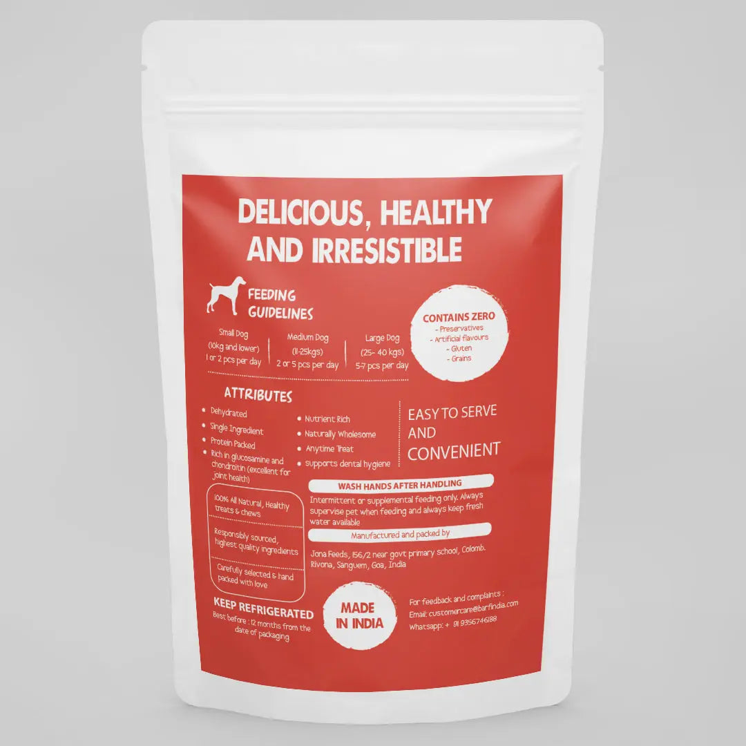 A white resealable bag with a red www.barfindia.com label shows feeding guidelines, health benefits, serving tips, and storage instructions for Dog Treats - Buffalo Liver - 100 gms. 