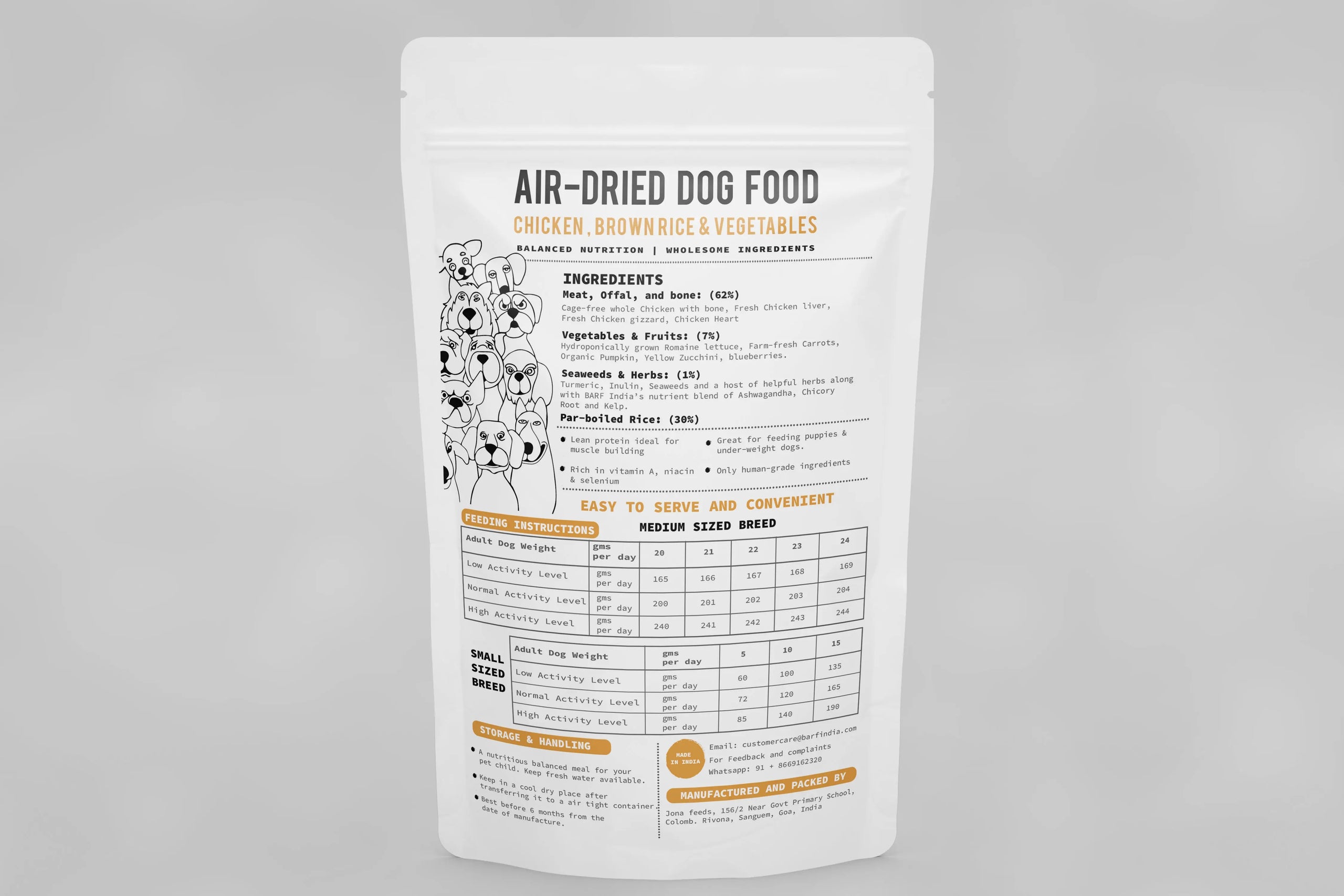 A white pouch labeled “Air Dried Dog Food Chicken & Brown Rice” from www.barfindia.com displays natural ingredients, feeding instructions, and illustrations of vegetables and a dog on the left side over a grey background.