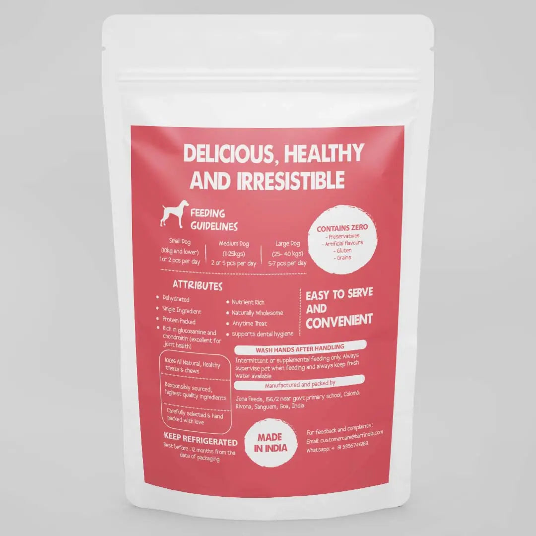 A white resealable pouch from www.barfindia.com, with a red label showing feeding guidelines, product info, and serving instructions. Contains 60g dehydrated chicken hearts for dogs & cats, rich in taurine, made in India—best kept refrigerated.