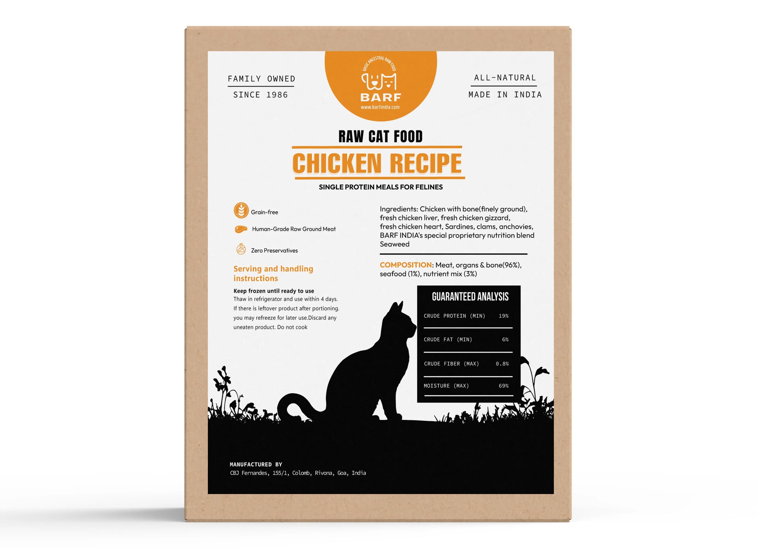 Front of a www.barfindia.com Raw Cat Food - Chicken Recipe with Taurine & Omega-3 Support pack. Includes cat silhouette, ingredient details with human-grade chicken, feeding instructions, nutrition info, and icons for grain-free, species-appropriate nutrition.