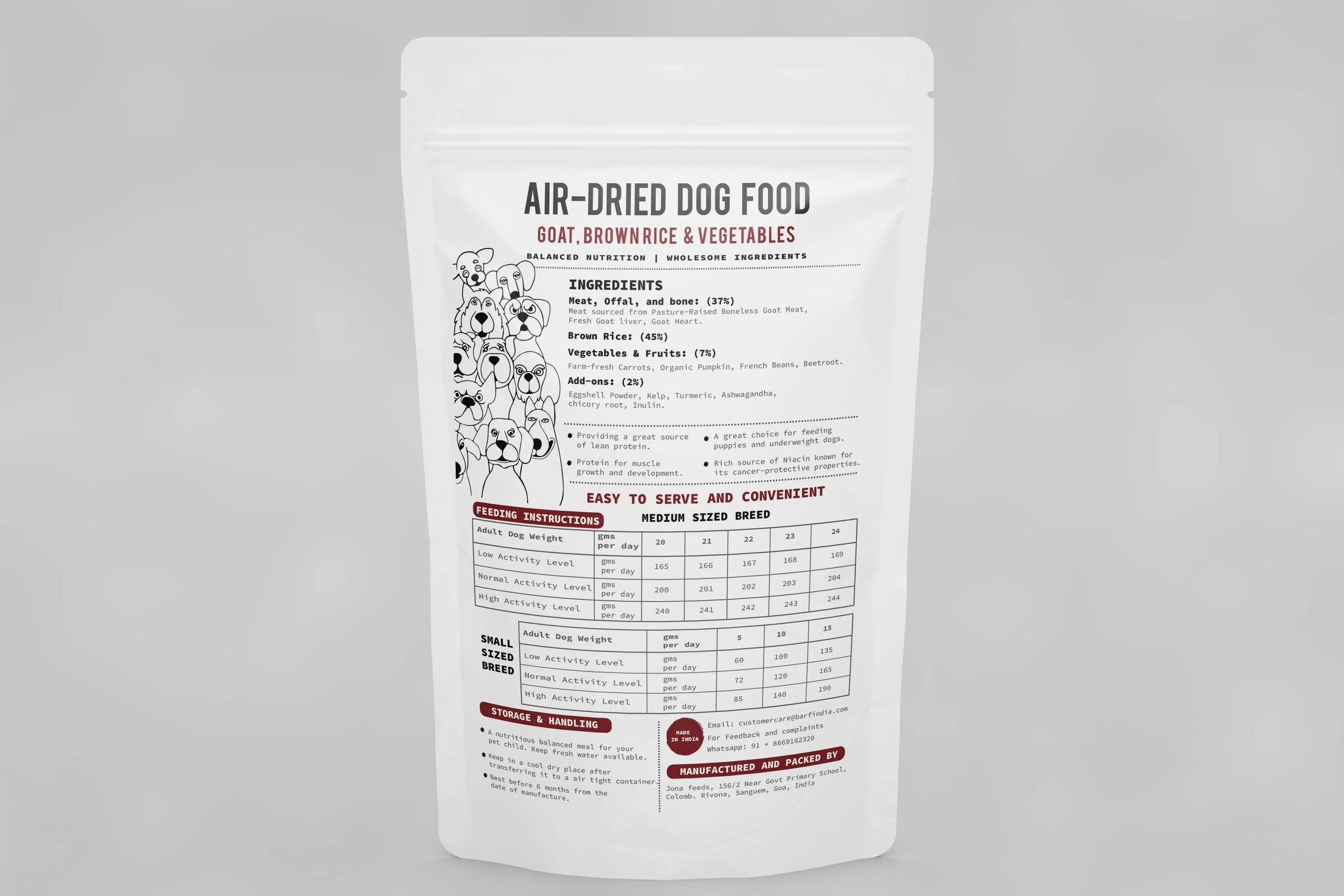 A white pouch of www.barfindia.com Air Dried Dog Food - Goat, Br. Rice & Veggies displays ingredients, feeding instructions, a chart, and features a black and white dog illustration on the left.