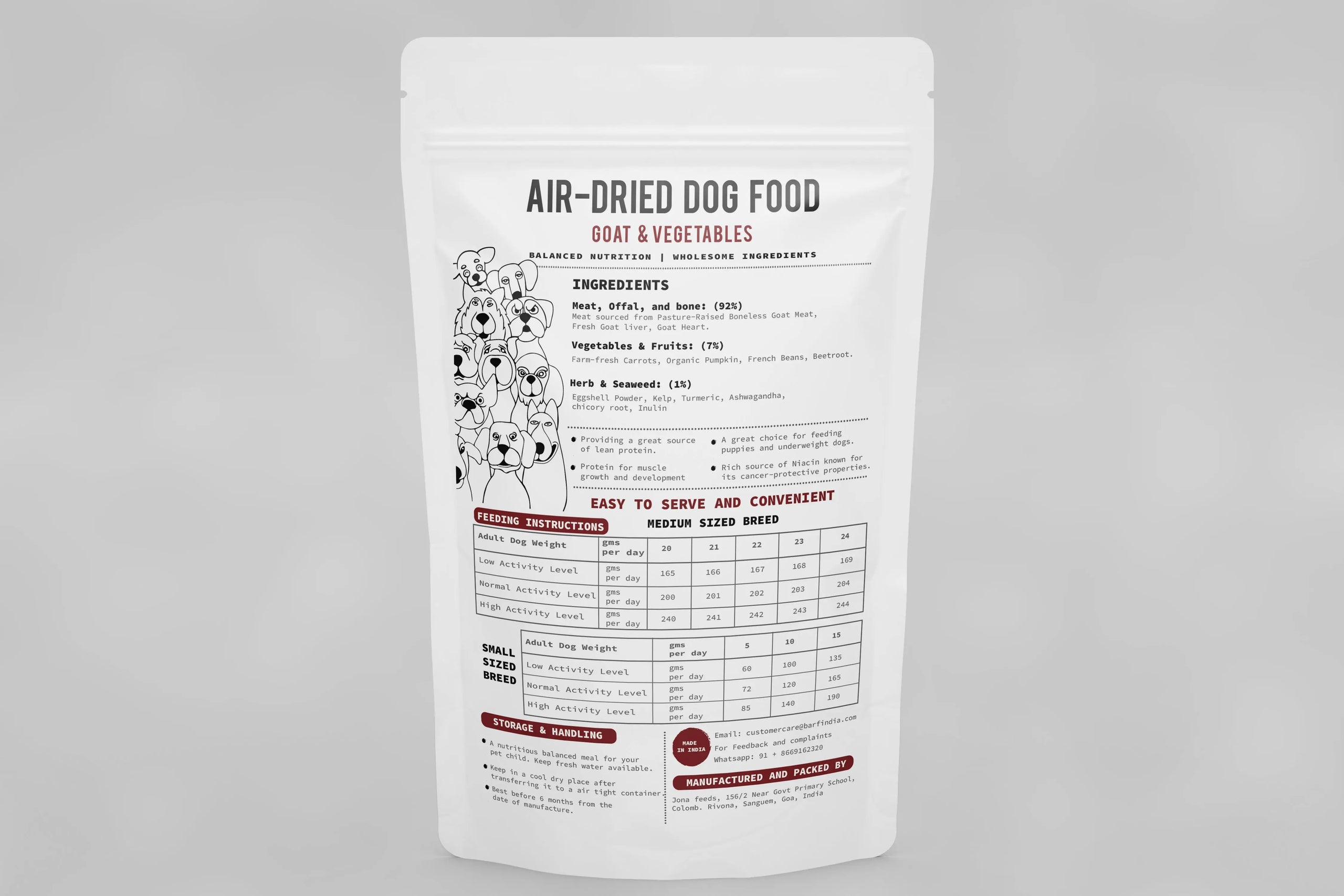 A white, resealable www.barfindia.com bag labeled Air-Dried Dog Food - Goat and Vegetables features dog illustrations, ingredients, feeding instructions, and serving sizes in black and red for a high-protein meal.
