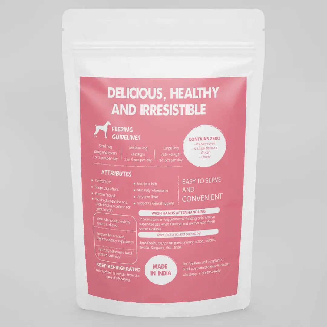 A white resealable bag with a pink label for www.barfindia.com Dog Treats - Dehydrated Pork Hearts (60 gms), displaying feeding guidelines, product benefits, convenience, and usage instructions.