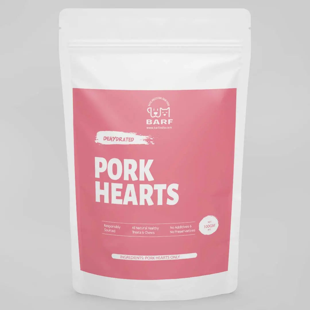 Dog Treats - Dehydrated Pork Hearts (60 gms) from www.barfindia.com are single-ingredient, all-natural pork heart treats with no additives or preservatives, packed in a white and pink resealable bag—perfect for your pet.