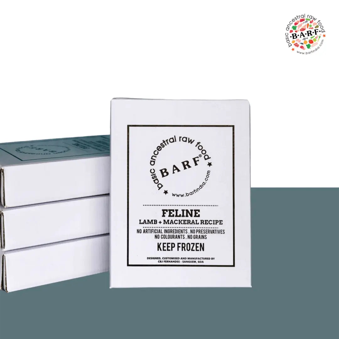 Three stacked boxes and one upright box of Raw Cat Food - Lamb+Mackeral by www.barfindia.com, featuring a circular BARF logo in the top right corner, displayed on a light background.