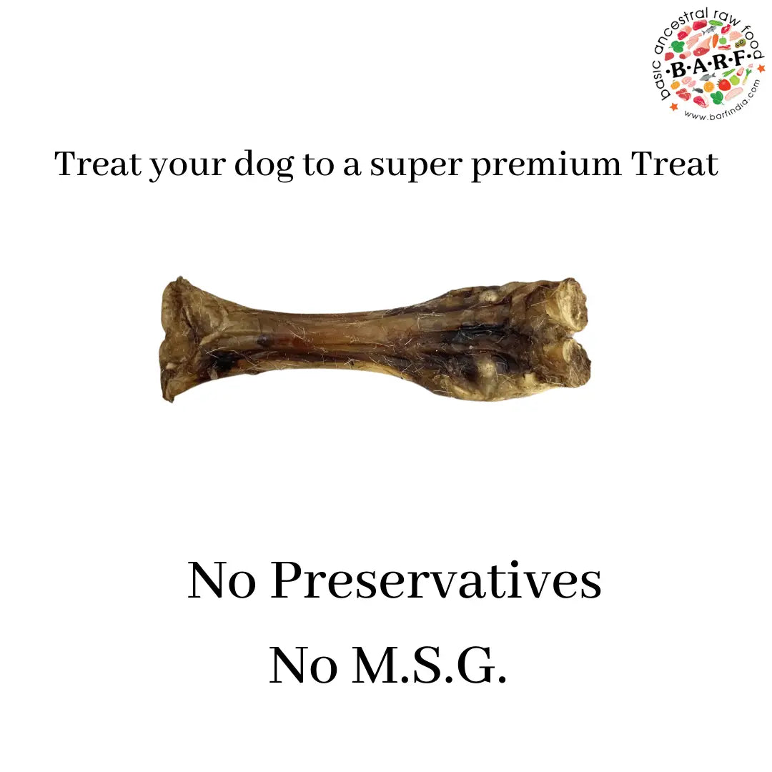 Three Dehydrated Bone Chews from www.barfindia.com are displayed on a white background, with text above and below highlighting a super premium treat free from preservatives or MSG; the B.A.R.F. logo appears at the top right.