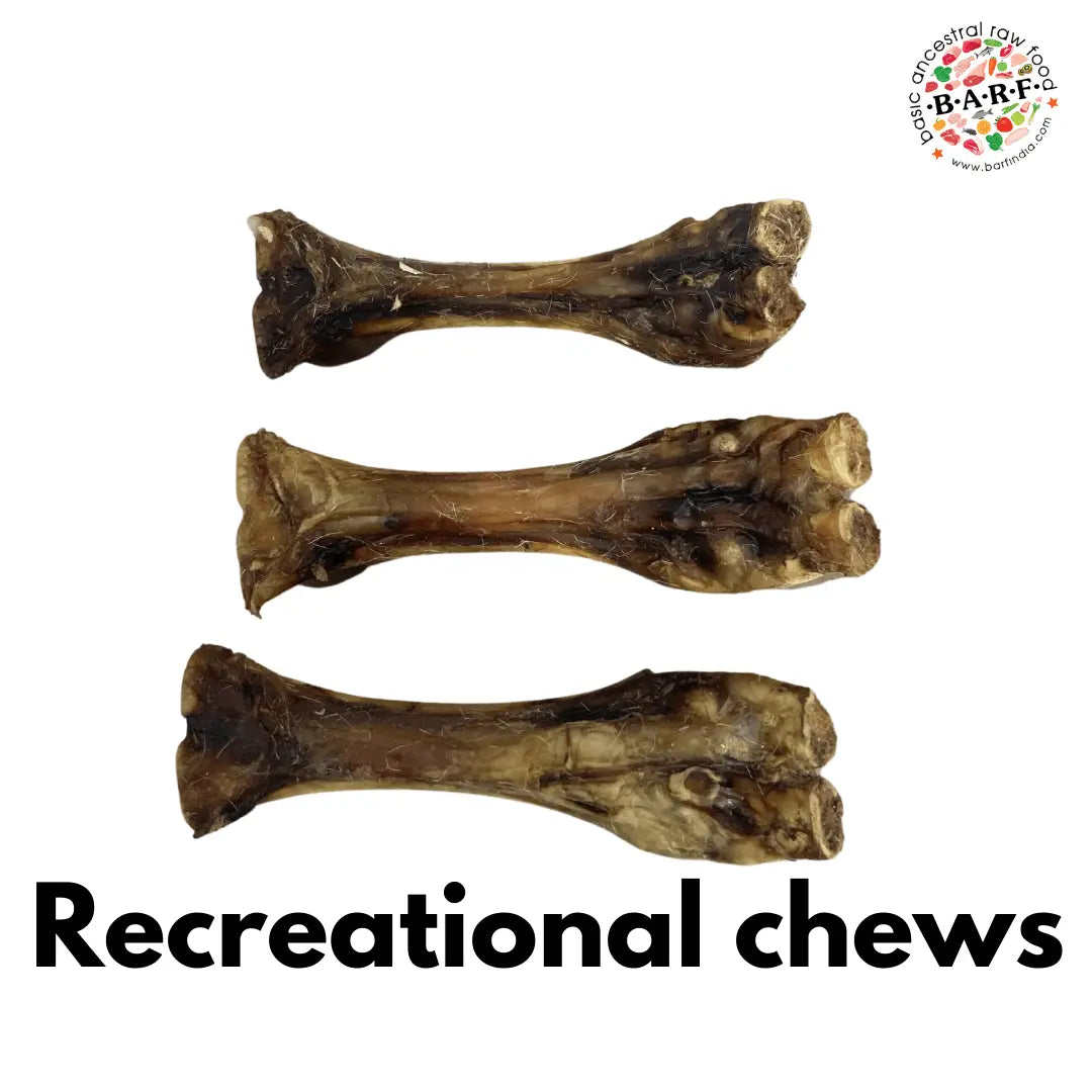 Three Dehydrated Bone Chews (Pack of 3) from www.barfindia.com are arranged horizontally on a white background with 