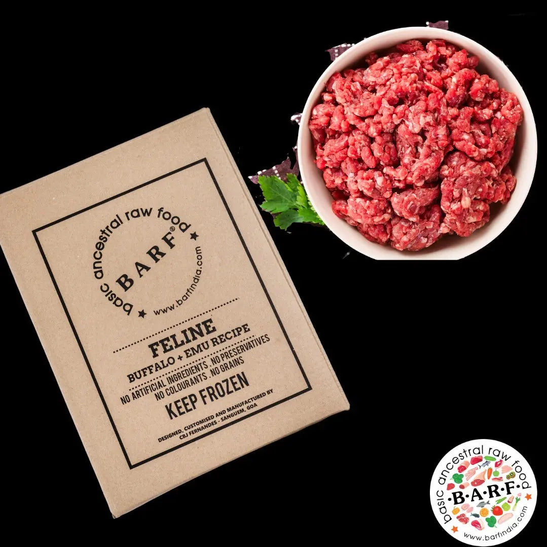 A bowl of raw ground meat sits next to a www.barfindia.com Raw Cat Food – Buffalo and Exotic Emu Protein Blend package, a natural raw cat food with no artificial ingredients, ideal for cats with allergies—keep frozen for freshness.
