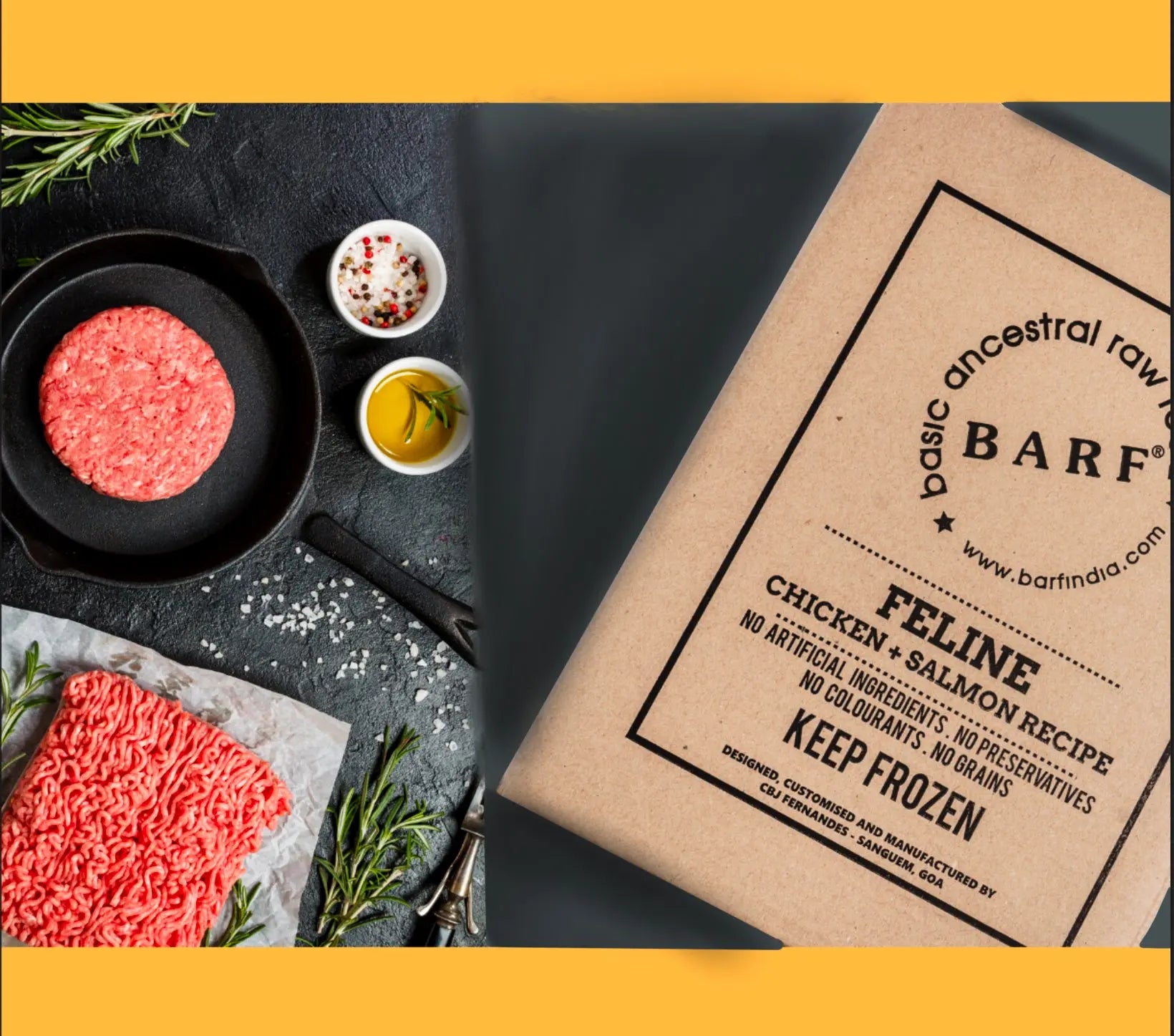 A box of www.barfindia.com Raw Cat Food – Nutrient-Rich Chicken & Salmon Recipe is placed beside a skillet with raw ground meat, olive oil, mixed spices, herbs, and coarse salt on a dark surface with an orange border.