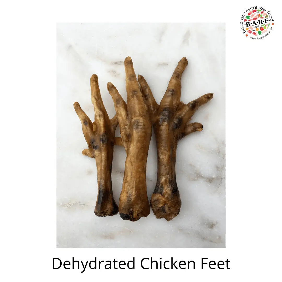 Fifteen Dehydrated Chicken Feet (approx. 200 gms.) from www.barfindia.com are arranged on a white marble surface, labeled 