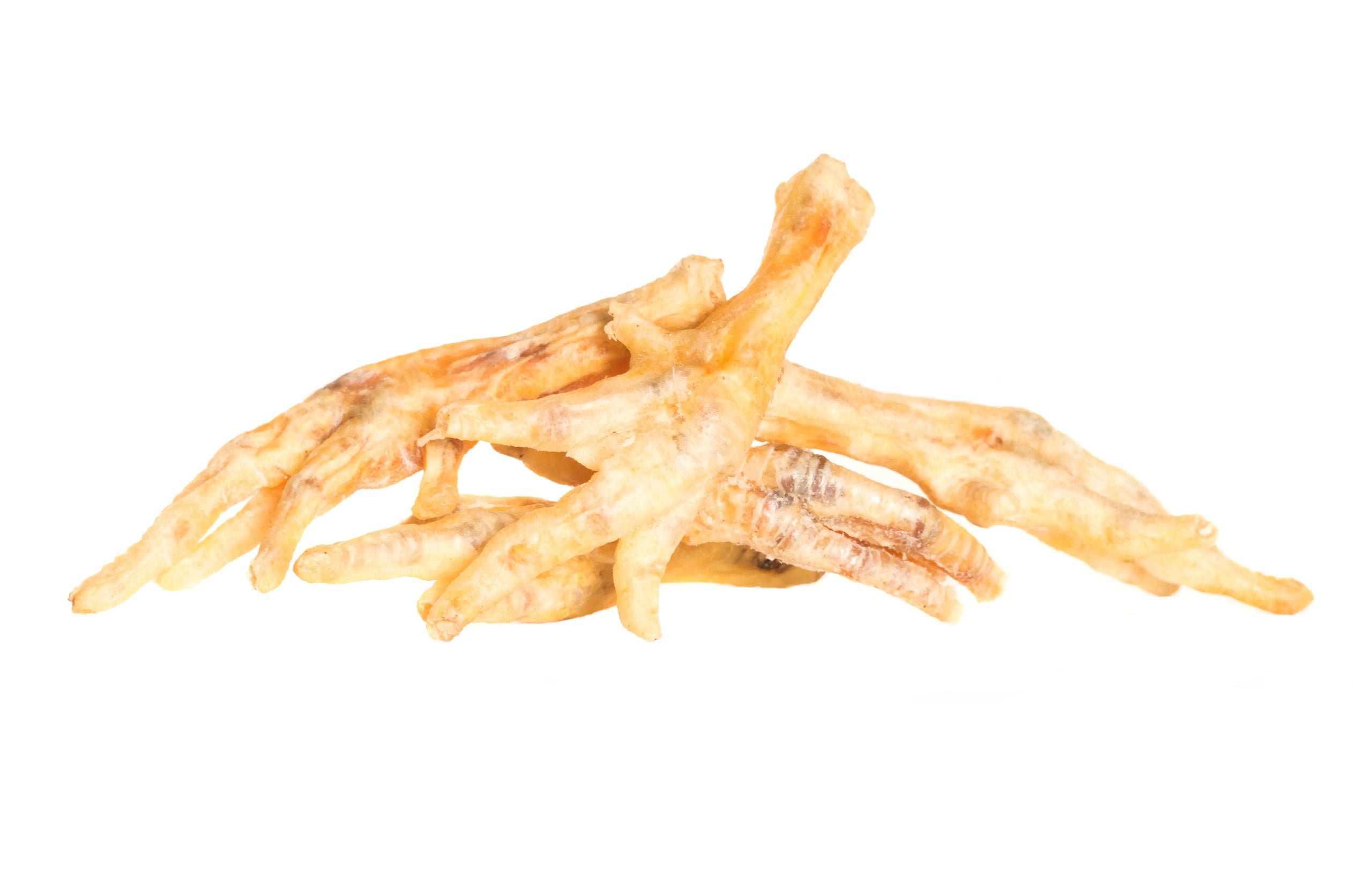 Approximately 15 Dehydrated Chicken Feet (200g) from www.barfindia.com stacked on a white background, perfect as natural chew treats for dogs.