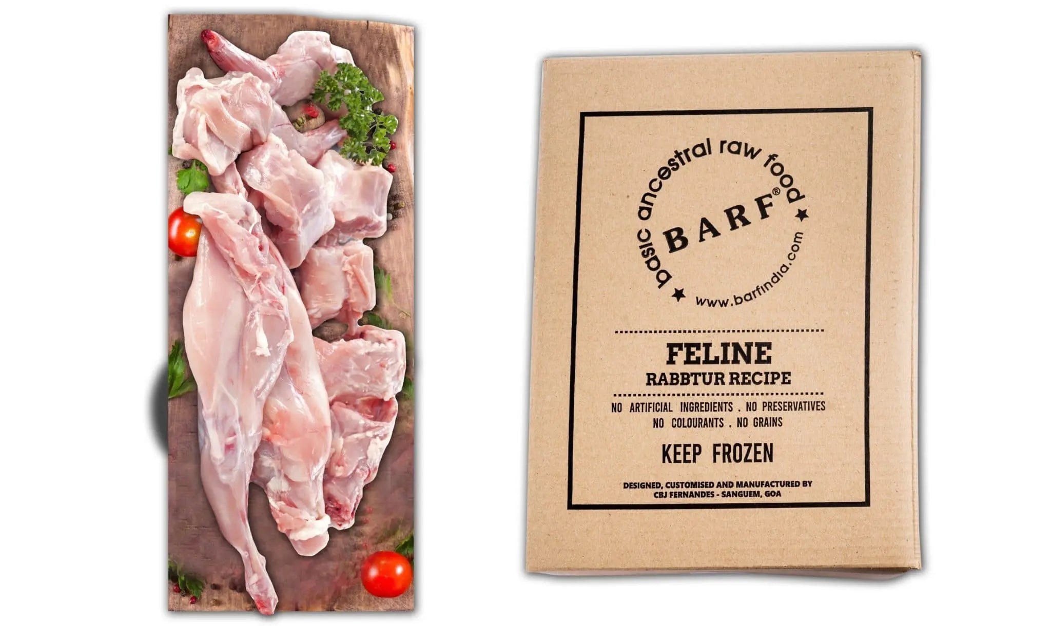 A box labeled Raw Cat Food – Nutrient-Rich Rabbit & Turkey - Rabbtur Recipe from www.barfindia.com sits beside raw cat food made from rabbit and turkey, featuring a frozen formula free of artificial ingredients and grains.