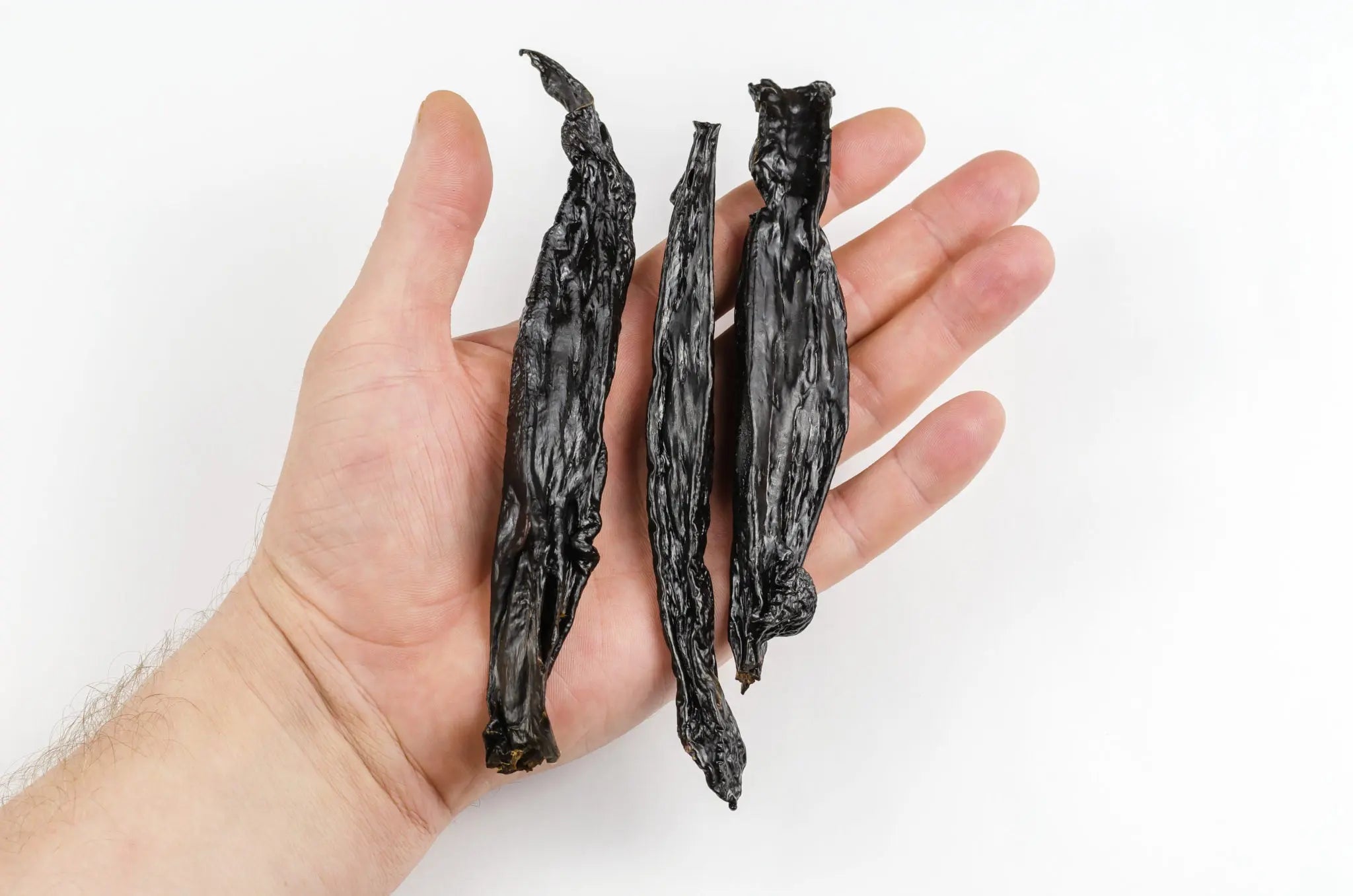 A hand holds three long, wrinkled black treats against a white background, resembling Dog Treats - Buffalo Liver - 100 gms from www.barfindia.com, known for their pure and natural protein-rich ingredients.