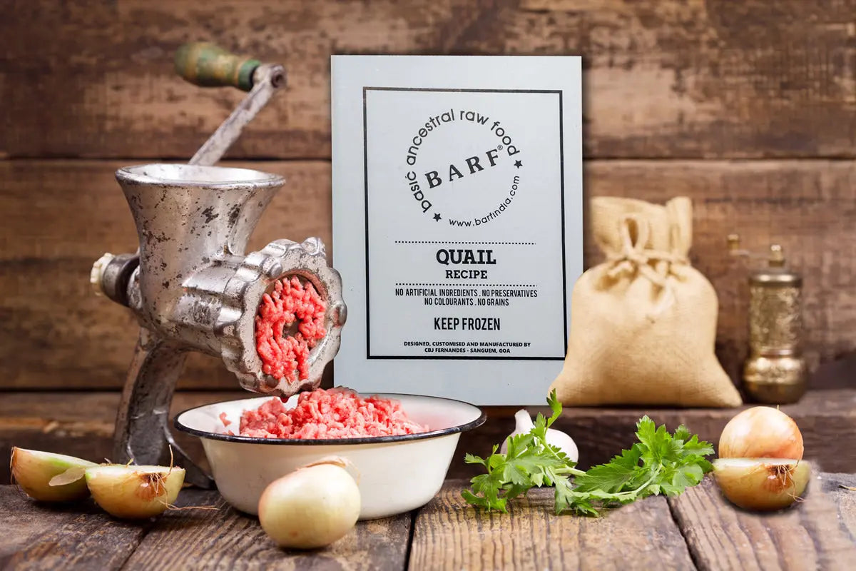 A metal grinder with ground meat, onions, garlic, herbs, and a www.barfindia.com Raw Dog Food – Whole Quail Recipe for Dogs Nutrient-Rich 4kgs pack is displayed on a rustic table with burlap in the background.